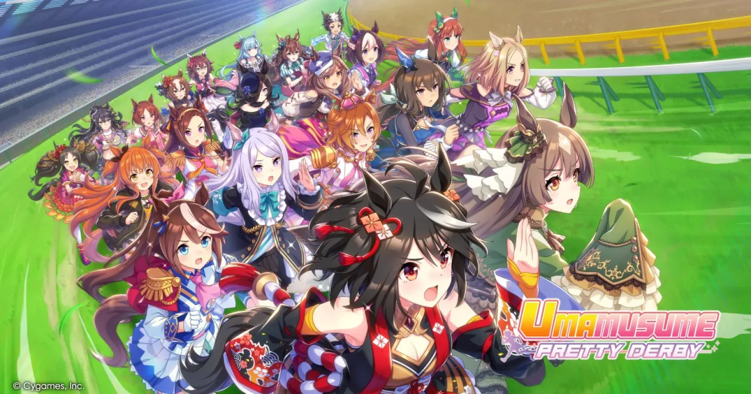 Arte oficial de Umamusume: Pretty Derby com várias personagens na pista de corrida