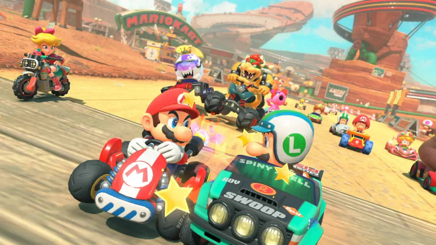 Mario e outros pilotos disputam corrida em Mario Kart World