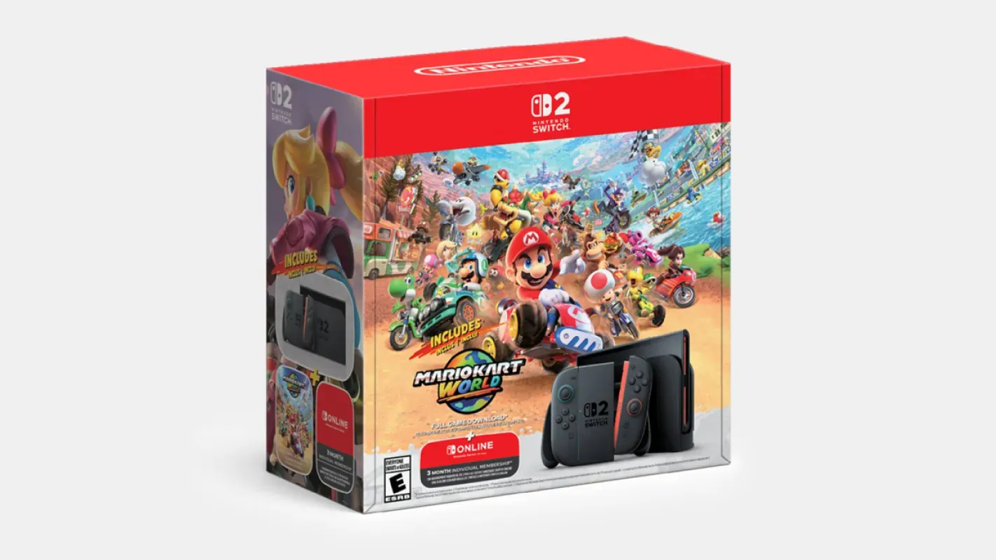 Caixa do Nintendo Switch 2 em pacote com Mario Kart World
