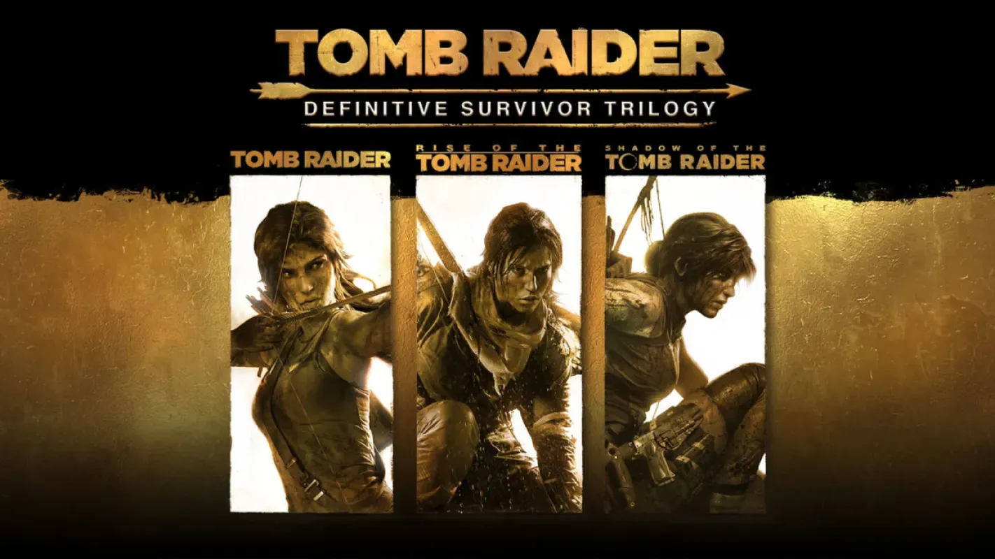 Arte da coletânea Tomb Raider: Definitive Survivor Trilogy com os três jogos
