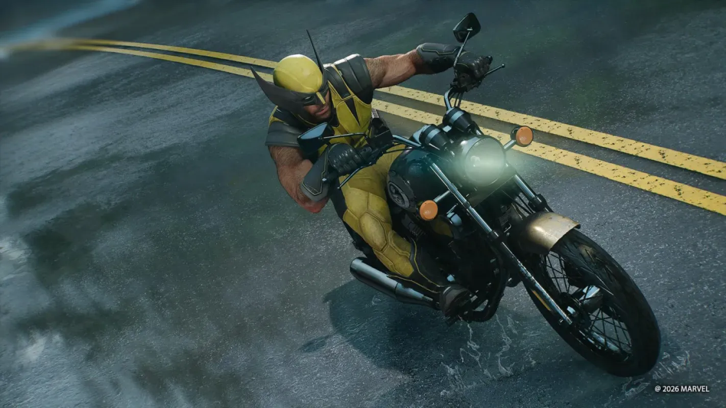 Logan pilota uma moto em alta velocidade em cena de Marvel's Wolverine