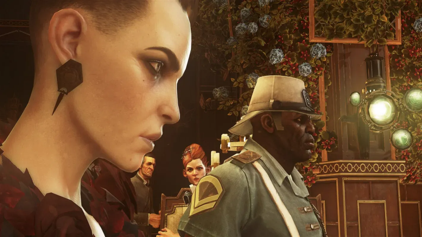 Personagens de Dishonored 2 em um salão nobre