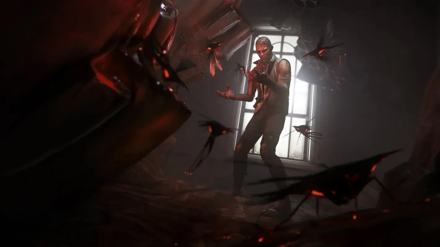 Personagem em um quarto escuro tomado por insetos em Dishonored 2