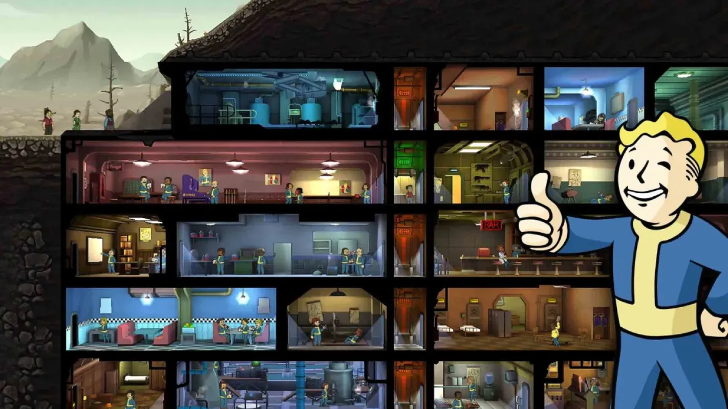 Vault Boy faz sinal de positivo em frente a um abrigo em Fallout Shelter