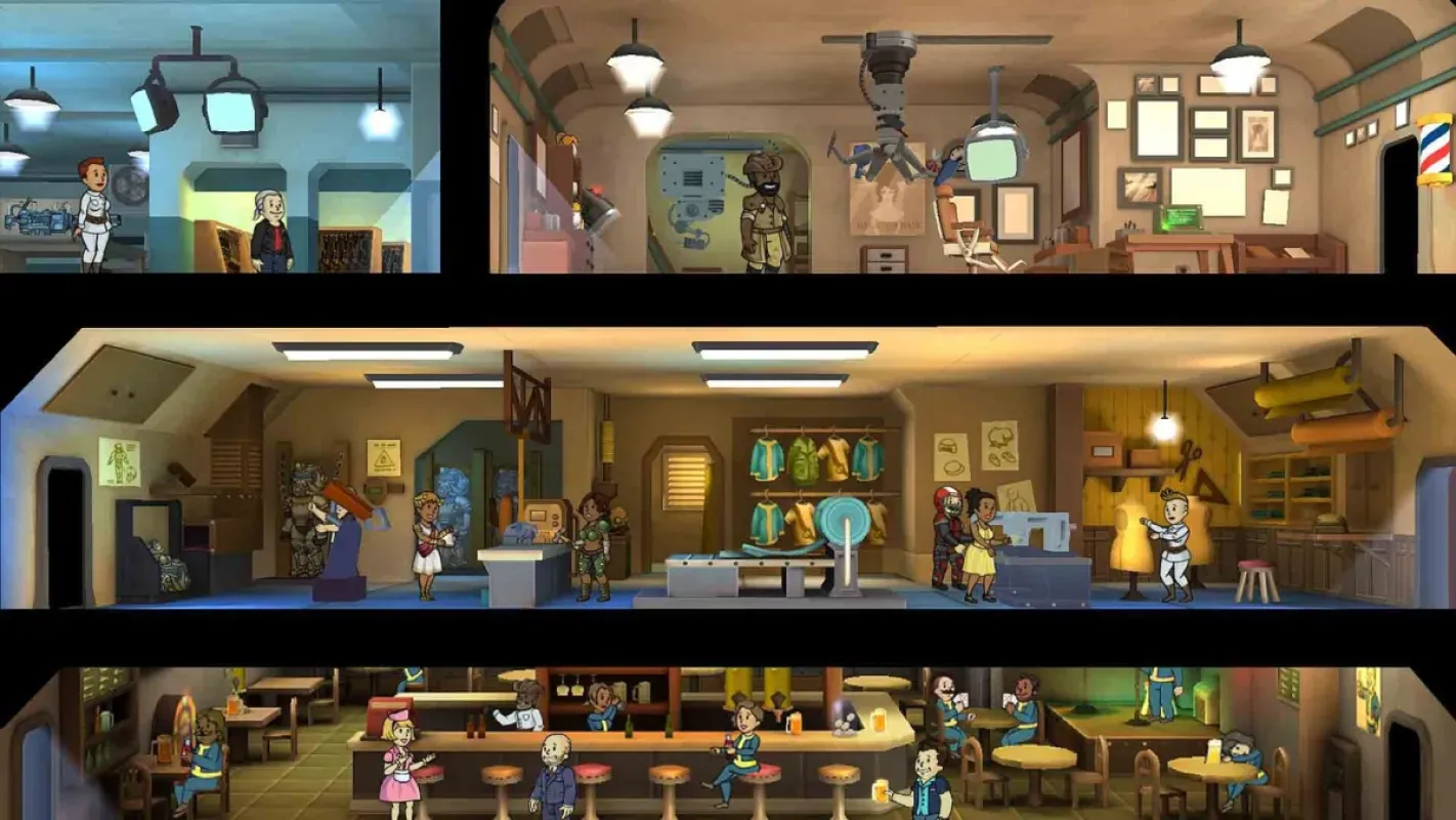 Salas de um Vault cheio de moradores no jogo Fallout Shelter