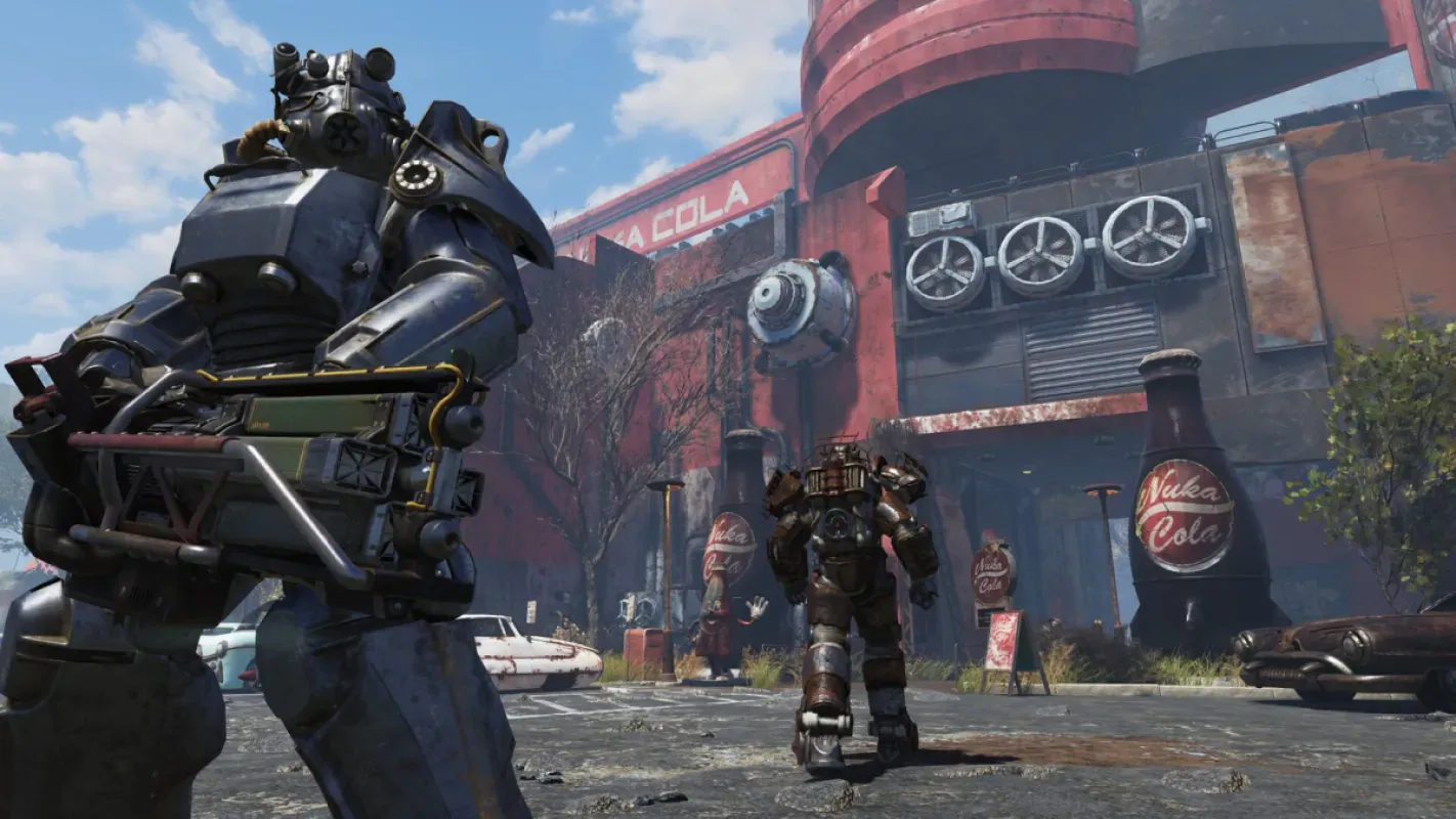 Personagem com armadura atômica em cidade de Fallout 76