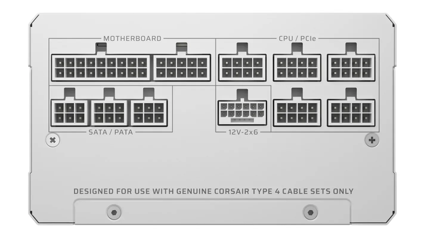 Painel modular da fonte Corsair RM1200e branca, com a entrada 12V-2x6 e as demais conexões de cabos