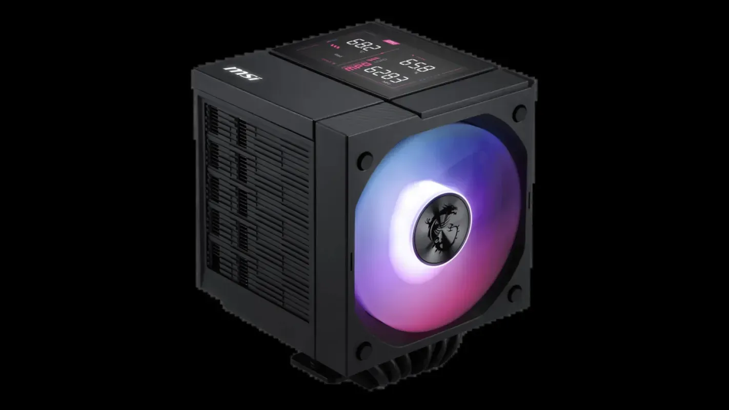 Air cooler MSI MPG CoreFrozr AP15 com a tela DIGI-DISPLAY no topo mostrando temperaturas