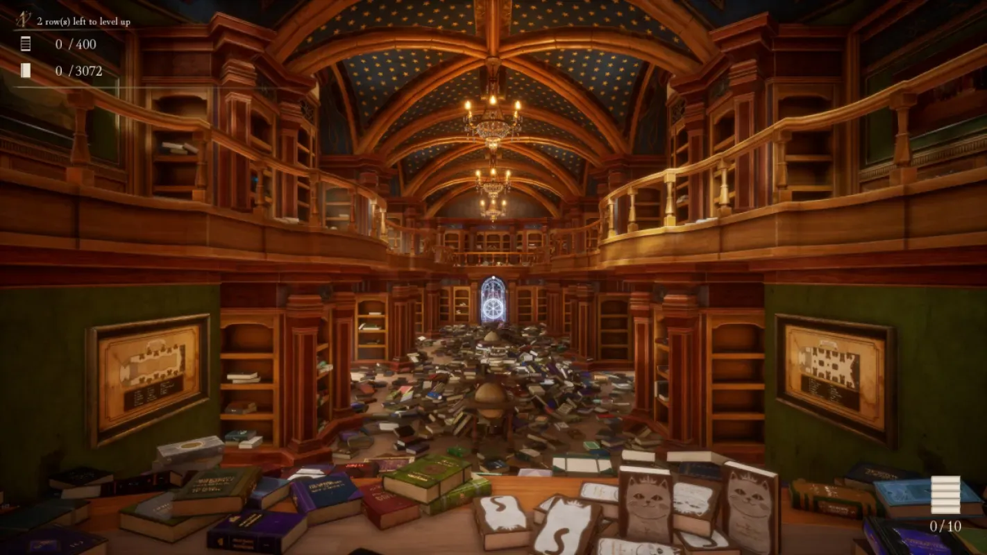 Cena de Librarian: Tidy Up the Arcane Library!, com livros espalhados em uma biblioteca mágica