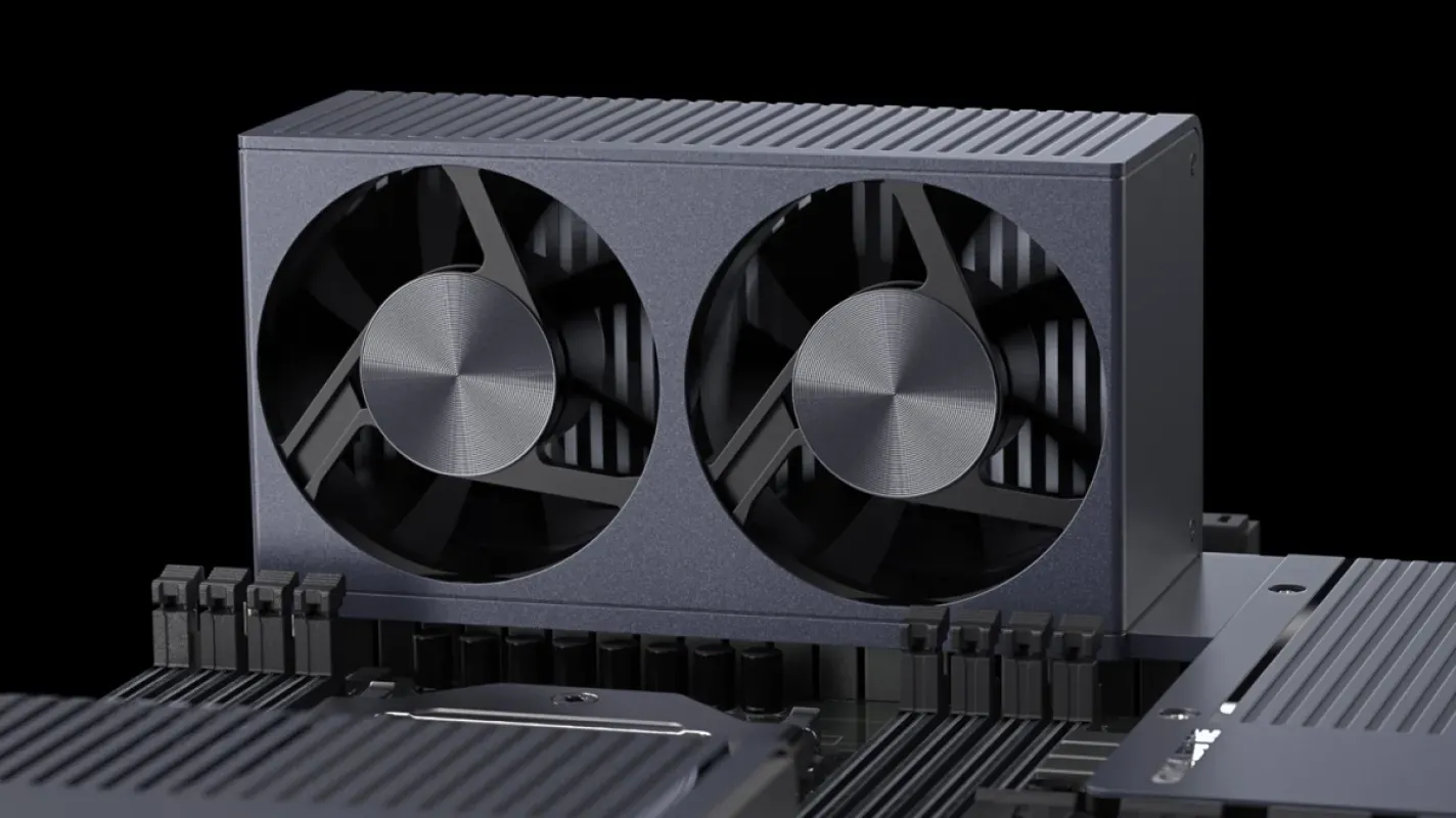 Módulo de refrigeração com duas ventoinhas DDR Wind Blade XTREME Duo ao lado dos slots de memória da Gigabyte WRX90 AI TOP