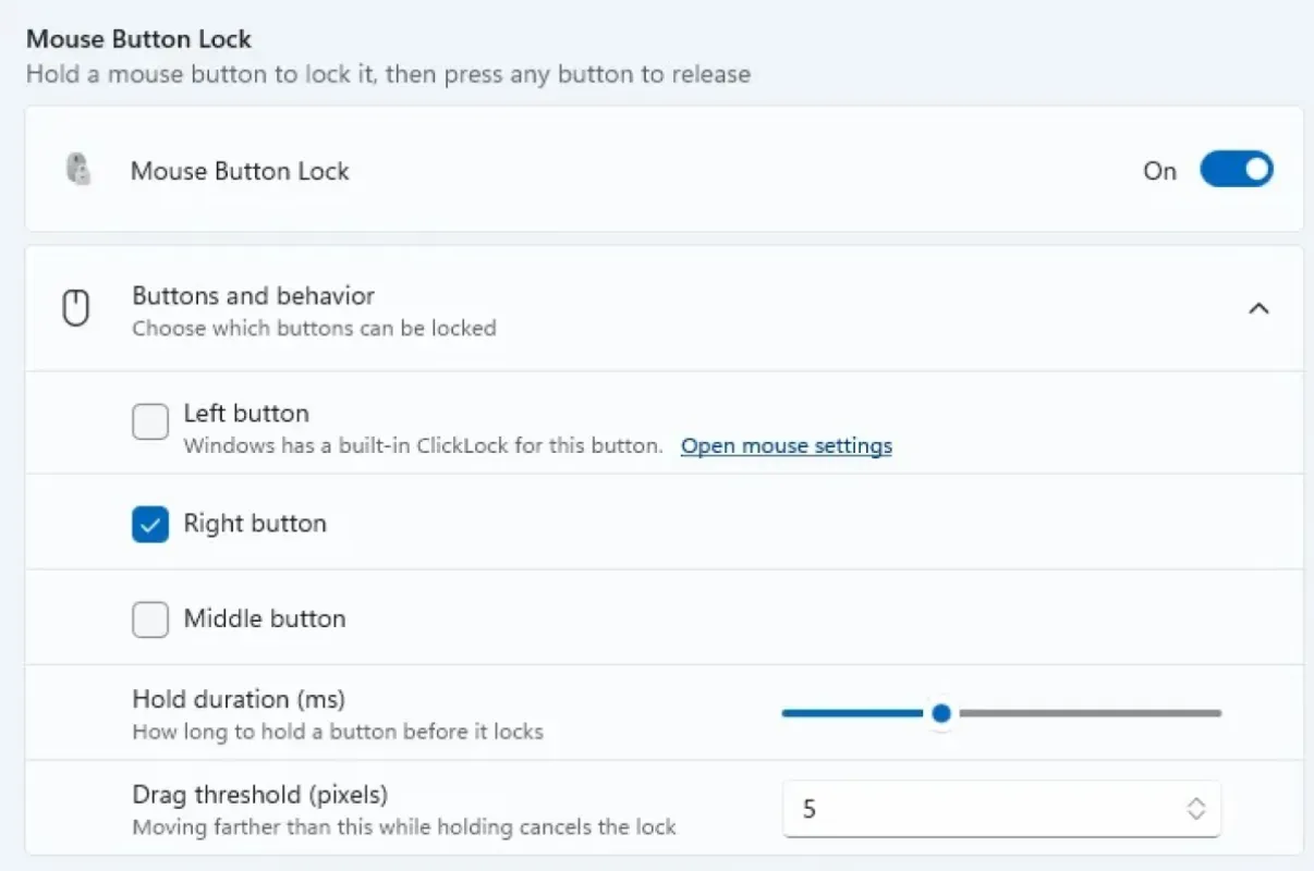 Tela de configurações do Mouse Button Lock no PowerToys 0.102, com a opção de travar o botão direito marcada