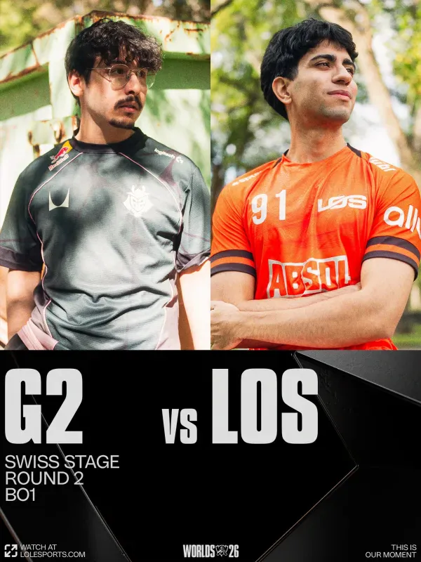Arte oficial do confronto G2 x LOS pela rodada 2 da fase suíça do Worlds 2026