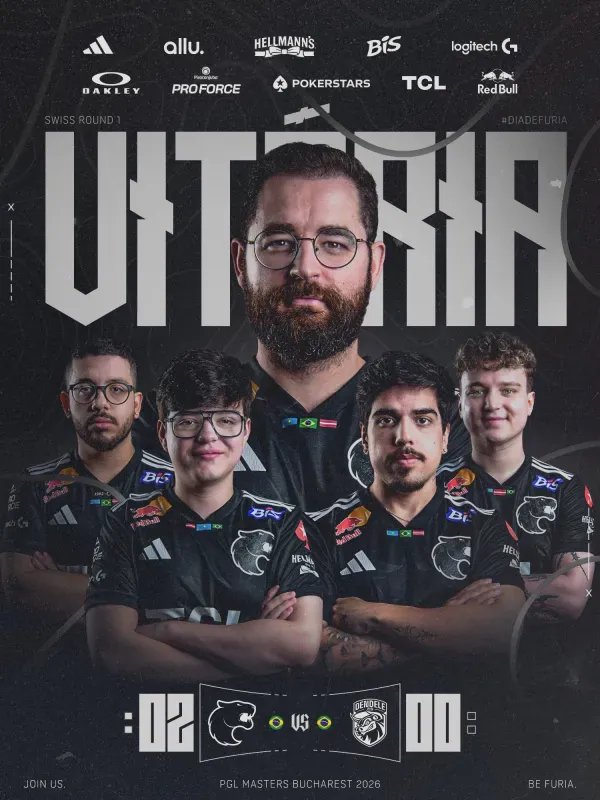 Arte oficial da FURIA com a palavra 'Vitória' e o elenco de CS2 posando após o 2 a 0 sobre a DENDELE na PGL Masters Bucharest 2026