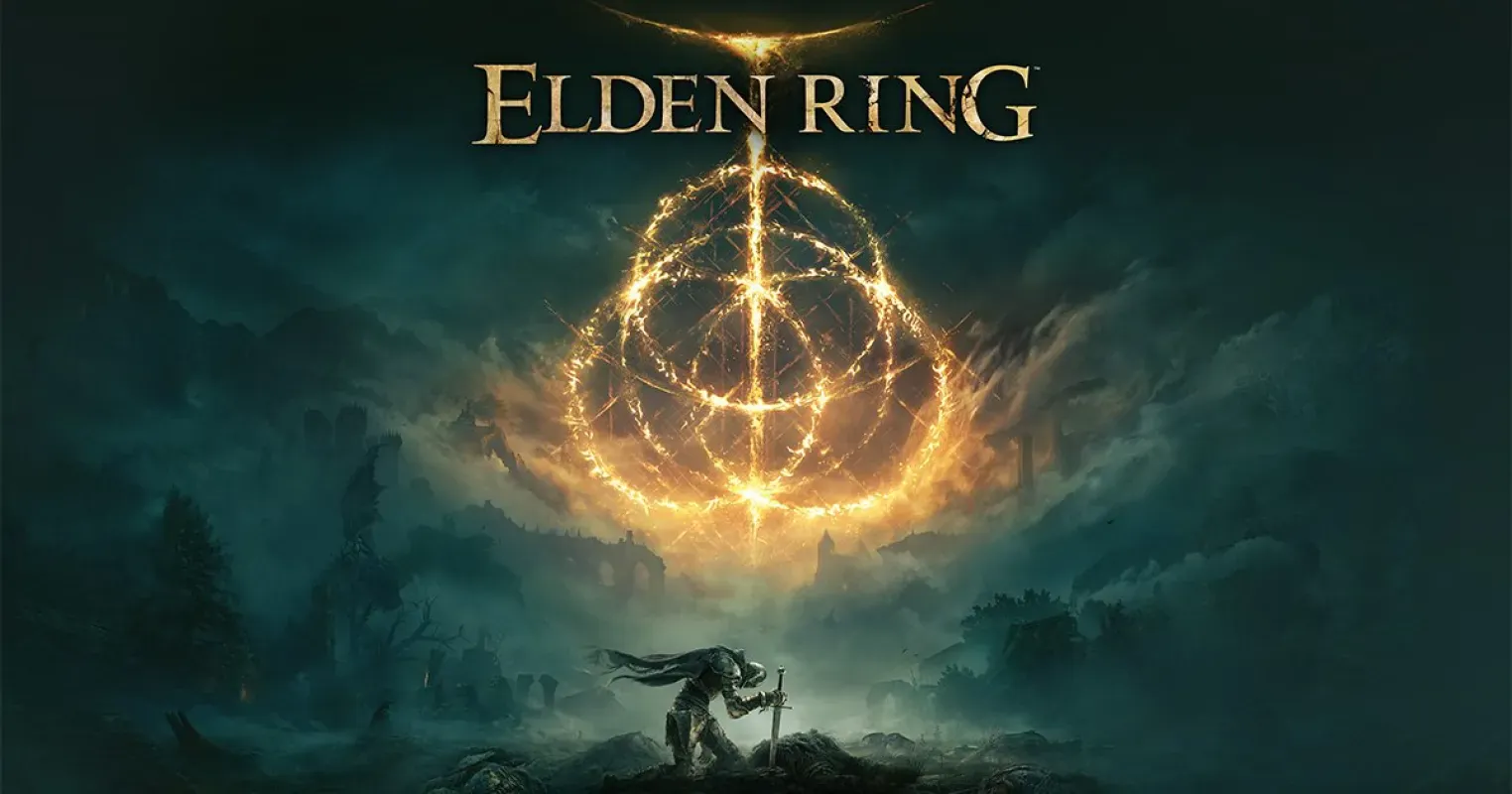 Arte oficial de Elden Ring com o logotipo do jogo e o anel dourado no céu