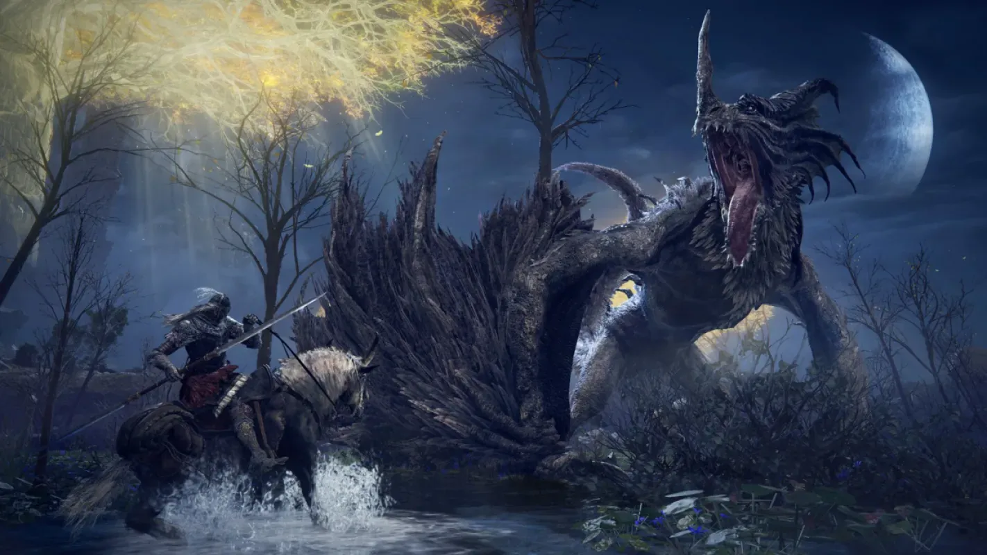 Cena de Elden Ring com um cavaleiro montado enfrentando um dragão à noite