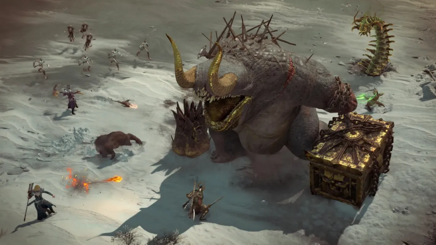 Cena de Diablo IV com personagens enfrentando um monstro gigante na neve