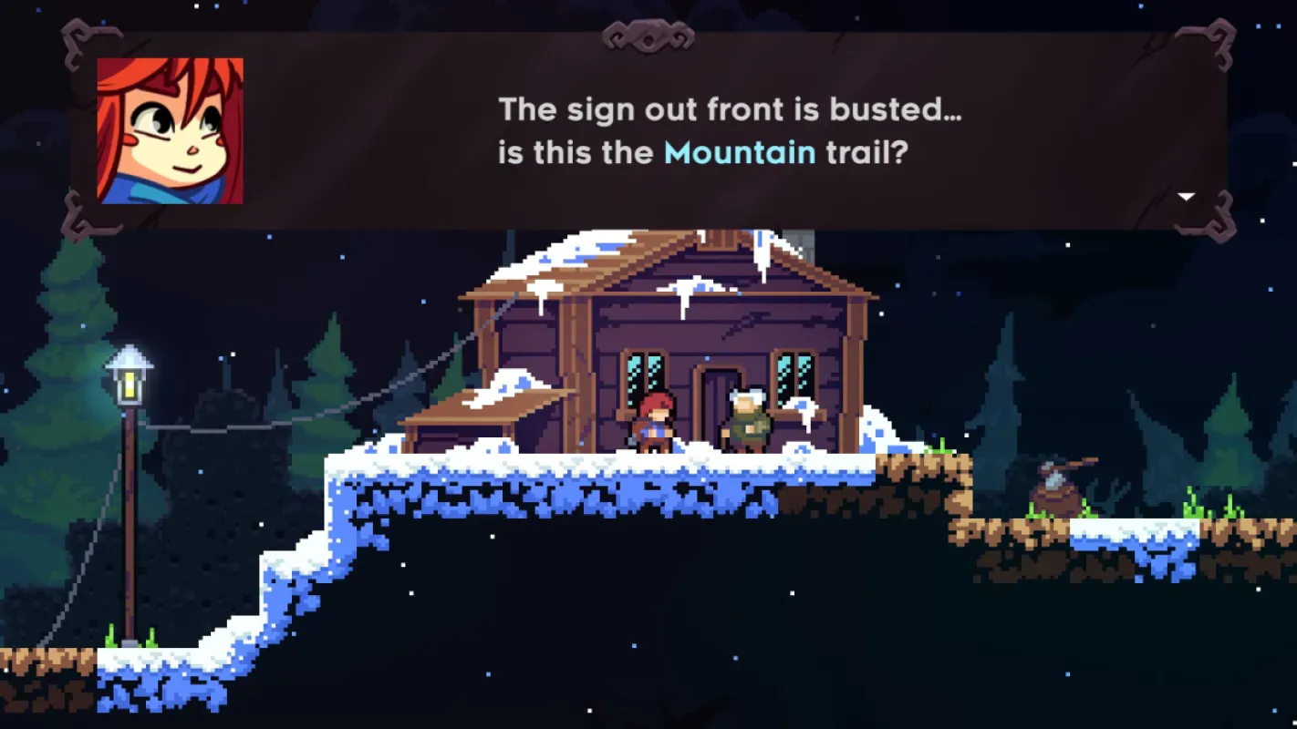 Madeline diante de uma cabana na base da montanha em Celeste