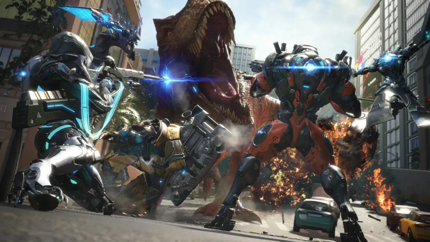 Exofighters enfrentam dinossauros em uma cidade em Exoprimal