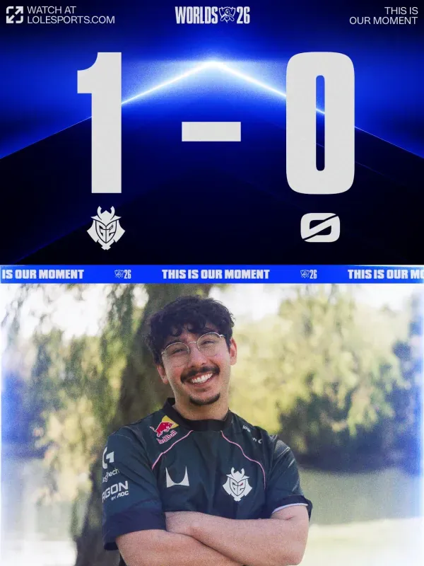 Arte da LoL Esports com o placar de 1 a 0 da G2 sobre a LOS no Worlds 2026