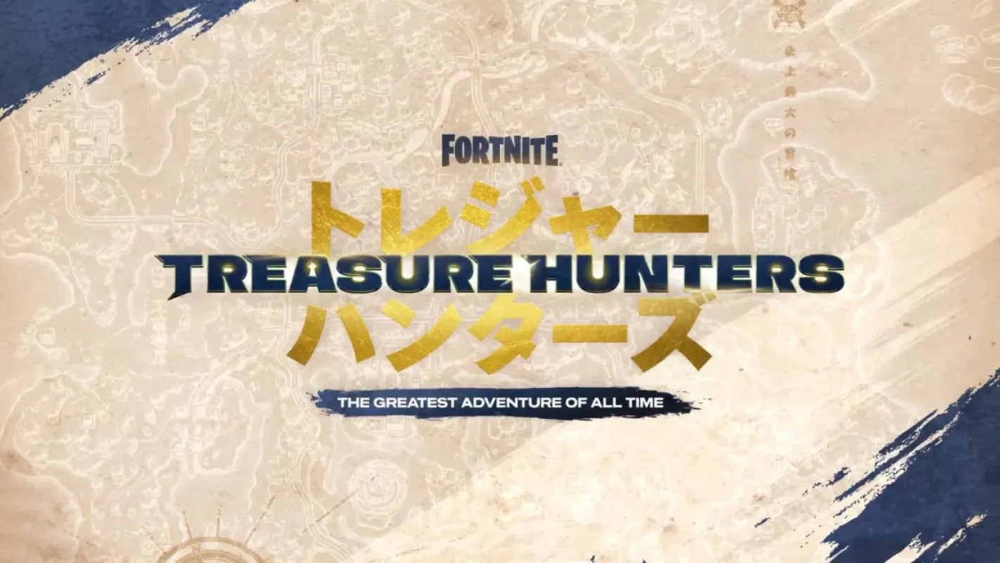 Logotipo da minitemporada Treasure Hunters do Fortnite, em inglês e japonês