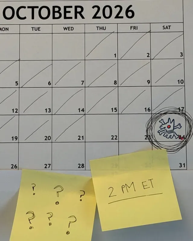 Calendário de outubro com recados marcando o anúncio do Fortnite para as 14h