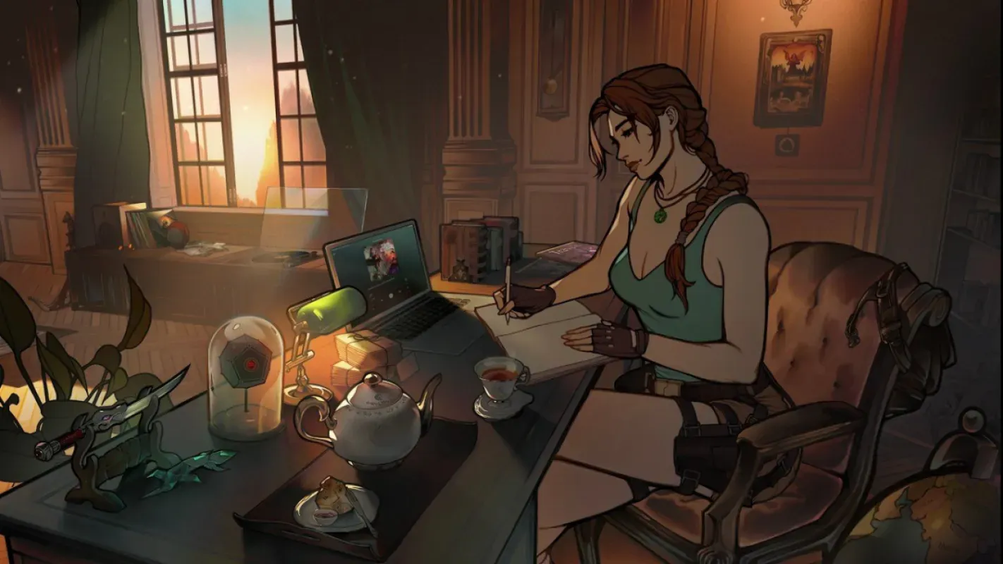 Arte de Tholia para o álbum lo-fi dos 30 anos, com Lara Croft na Mansão Croft
