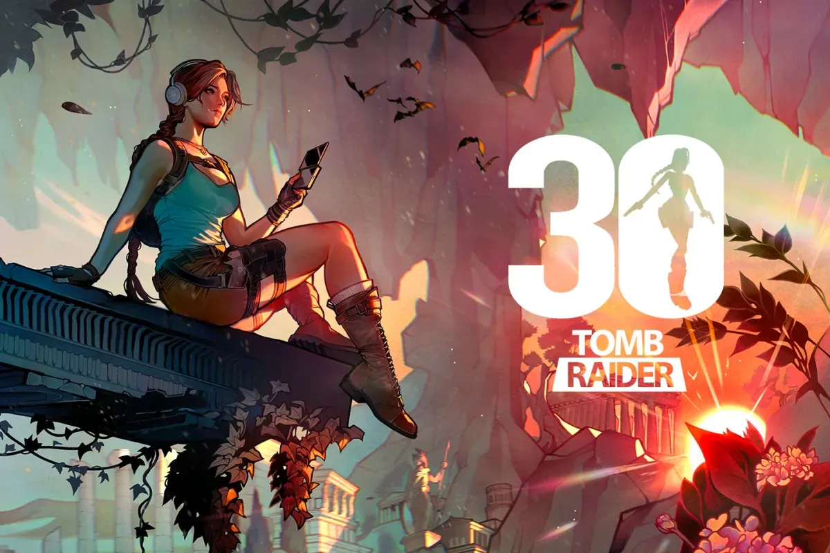 Arte oficial Celebrating 30 Years of Tomb Raider com Lara Croft da trilogia Survivor