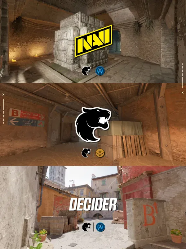 Arte da FURIA com os mapas da série contra a NAVI: Ancient, Dust2 e Inferno