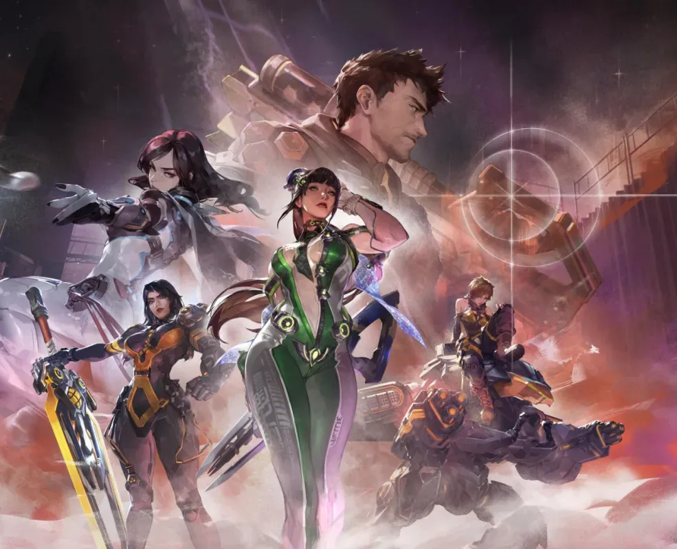 Detalhe da arte oficial com Widowmaker como Eve e outros heróis de Overwatch com visuais de Stellar Blade