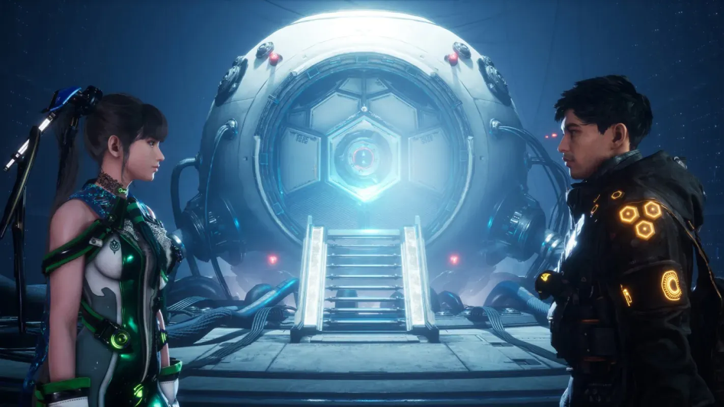 Eve e Adam em arte de Stellar Blade (imagem ilustrativa do jogo, não é do anúncio da colaboração)