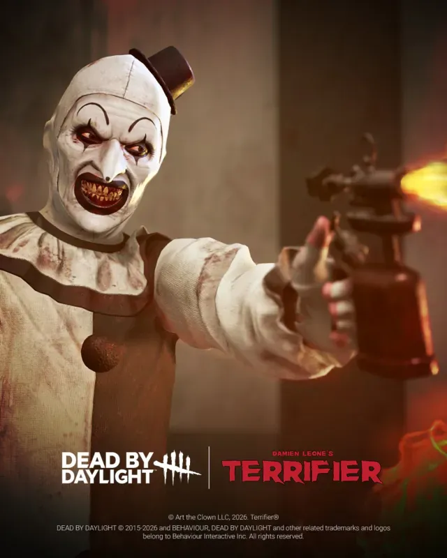 Art the Clown aponta um maçarico aceso na primeira imagem do capítulo de Terrifier em Dead by Daylight