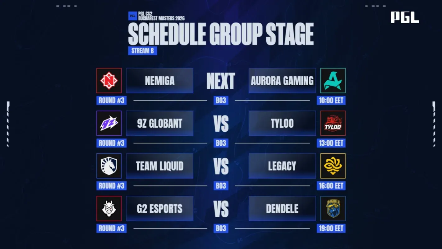 Grade do dia 3 no canal B, com Liquid x Legacy e G2 x DENDELE