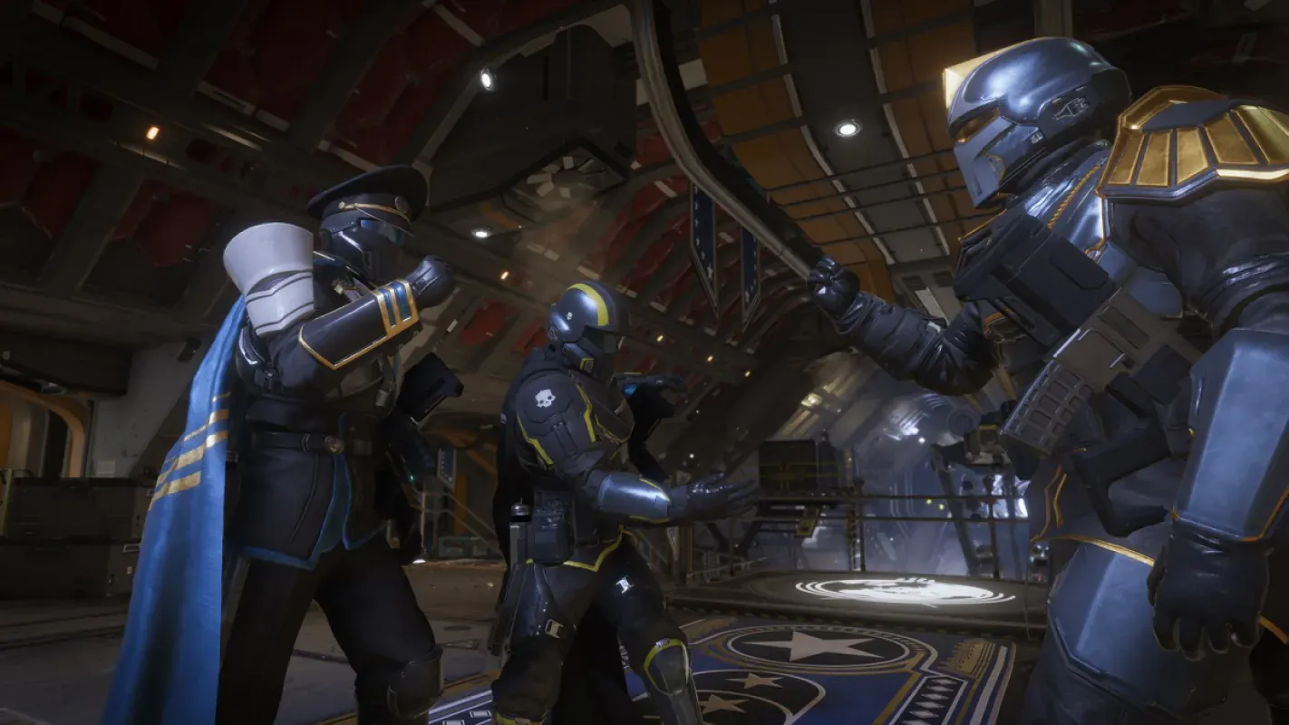 Helldivers comemoram no lobby da Super Destroyer em Helldivers 2