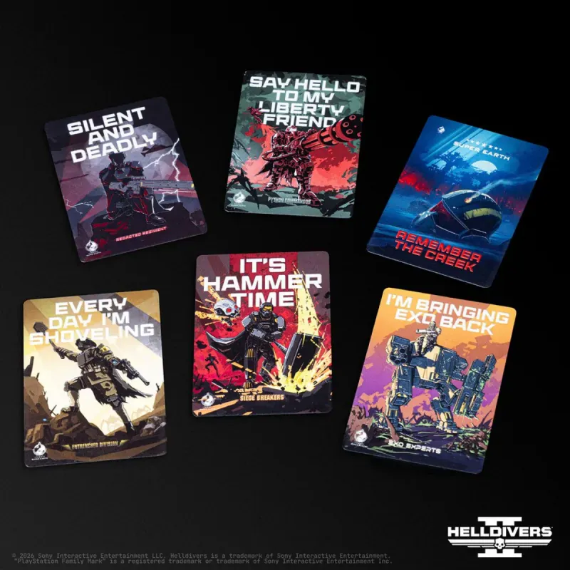 Coleção Helldivers 2 Display Shards, da Displate, com seis peças de metal
