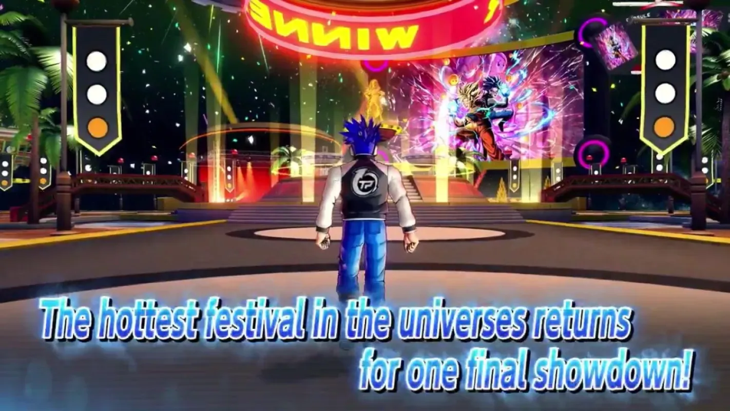 Cena do trailer de 10 anos de Dragon Ball Xenoverse 2 anunciando a volta do Festival dos Universos