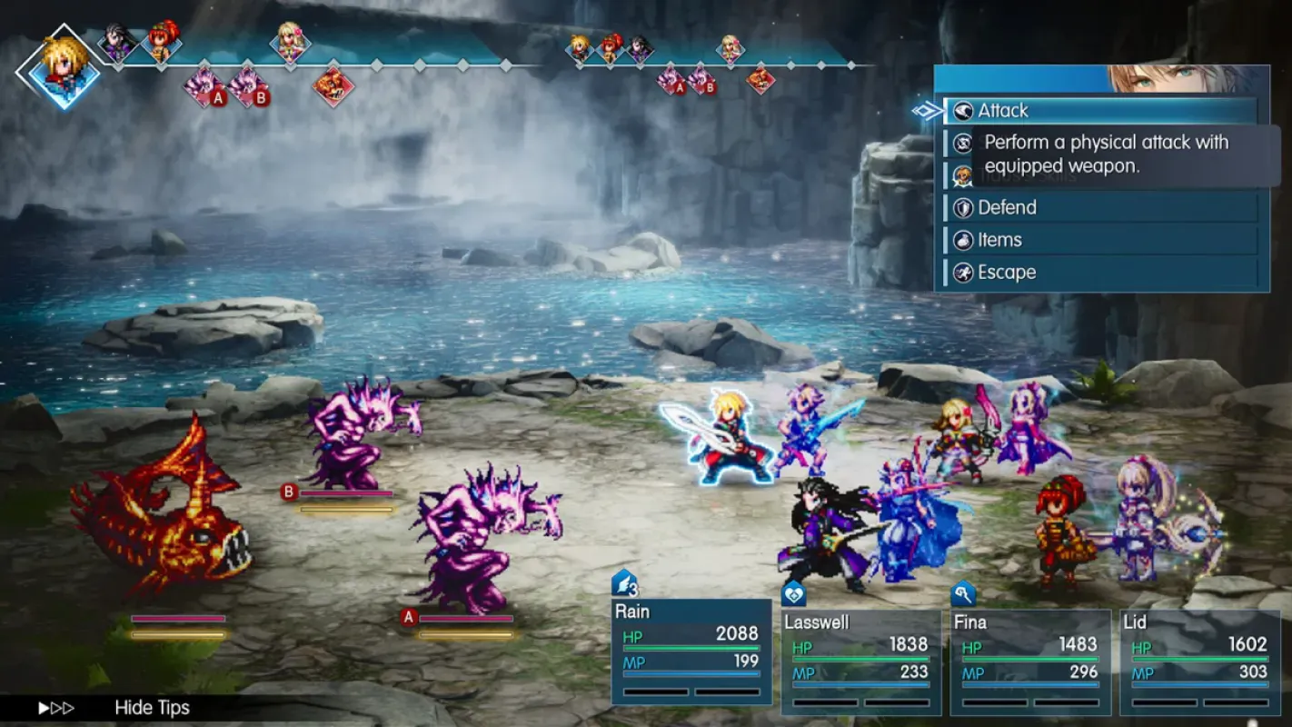 Batalha por turnos de Final Fantasy Resonance com o grupo de Rain contra monstros