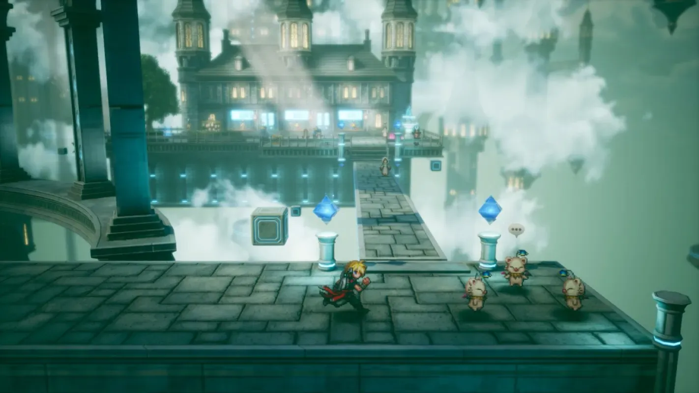 Personagens em pixel art exploram um castelo nas nuvens no estilo HD-2D de Final Fantasy Resonance