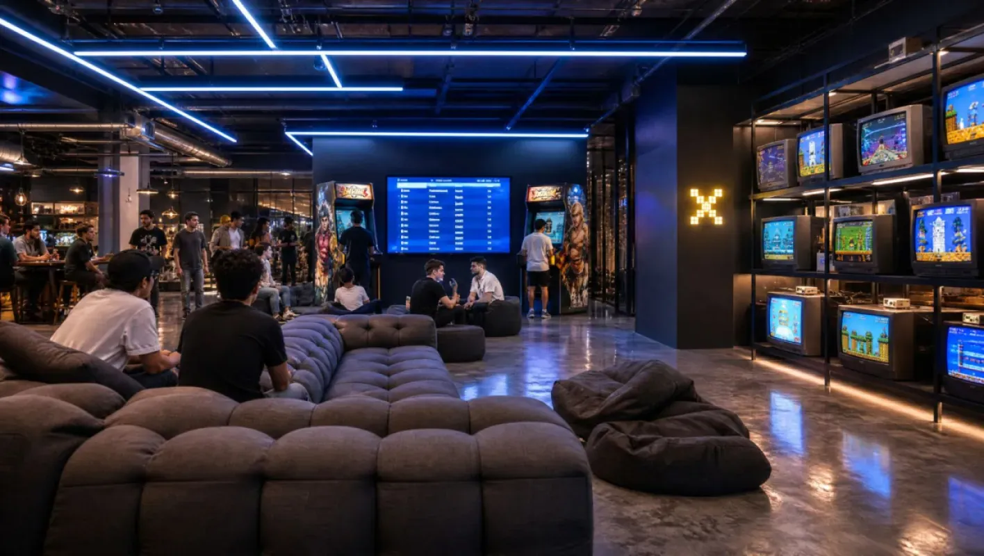 Interior da arena gamer Loading X, com sofás, telões e estações de PC e consoles (imagem ilustrativa de divulgação)