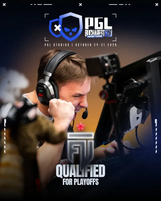 Arte da PGL com jogador da FUT e o selo de classificada para os playoffs