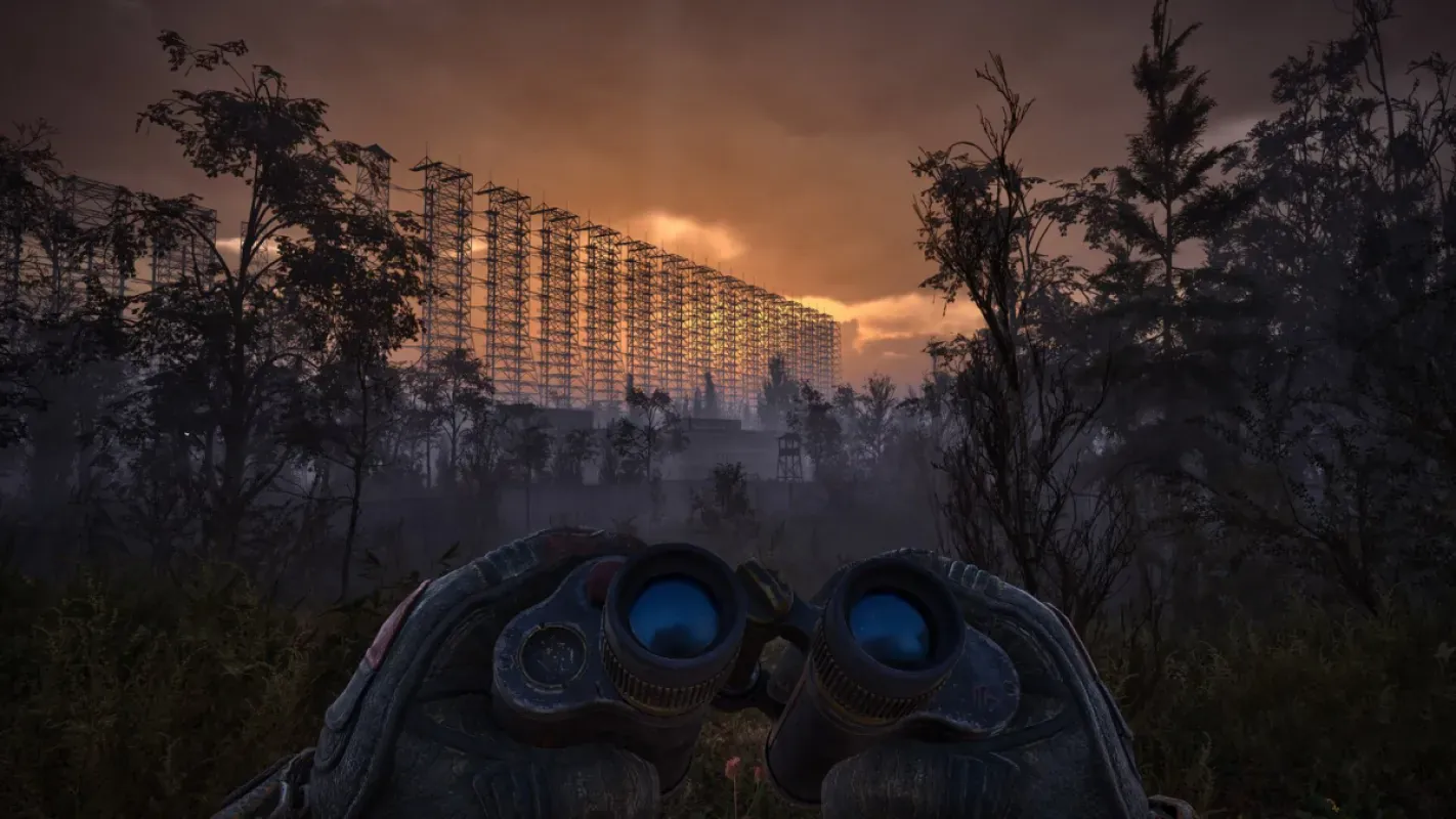 Stalker observa a Zona com binóculo em S.T.A.L.K.E.R. 2: Heart of Chornobyl