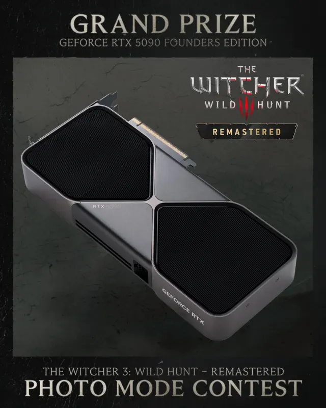 Arte do concurso de Photo Mode de The Witcher 3 Remastered com a RTX 5090 Founders Edition como grande prêmio