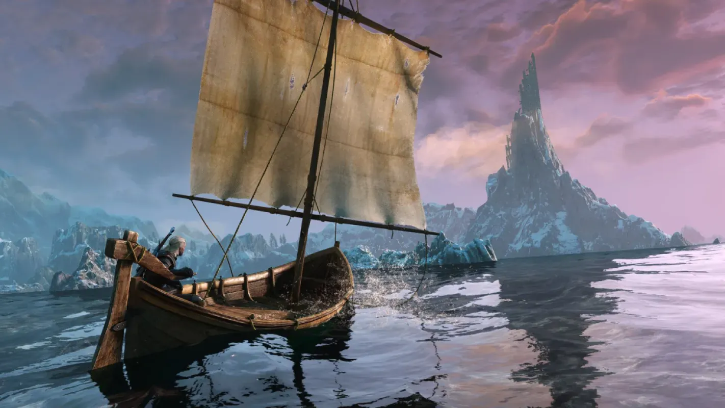 Barco navega pelas ilhas de Skellige em The Witcher 3 Remastered