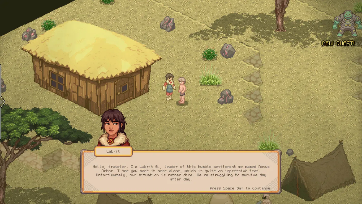 A NPC Labrit G. conversa com o jogador no assentamento Novus Arbor em Alia Domus