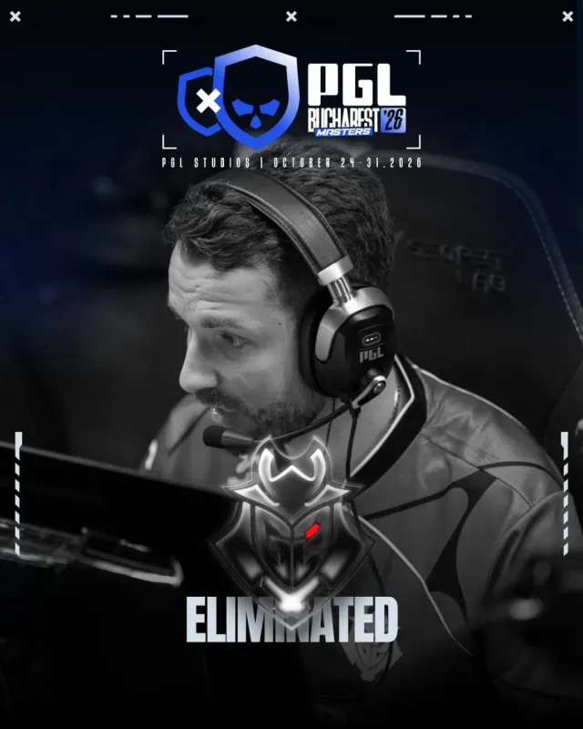 Arte da PGL com jogador da G2 e o selo de eliminada da PGL Masters Bucharest