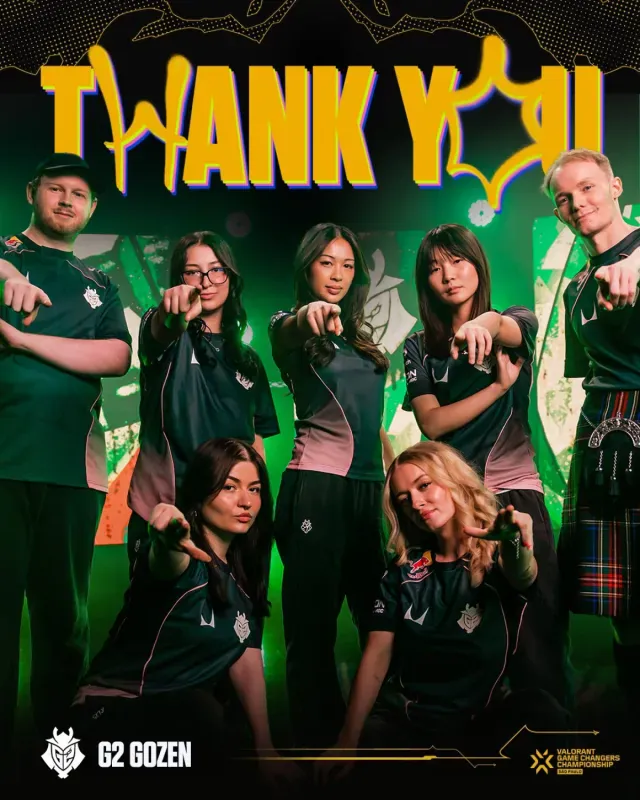 Jogadoras da G2 Gozen na arte de despedida divulgada pelo VALORANT Esports após a eliminação em São Paulo