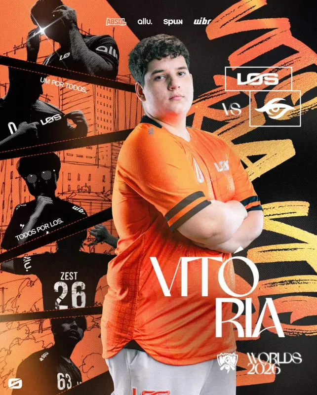 Arte de vitória da LOS com o jogador Zest após a série contra a Team Secret Whales no Worlds 2026