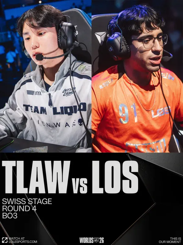Arte da LoL Esports anunciando o confronto entre Team Liquid e LOS na quarta rodada da fase suíça