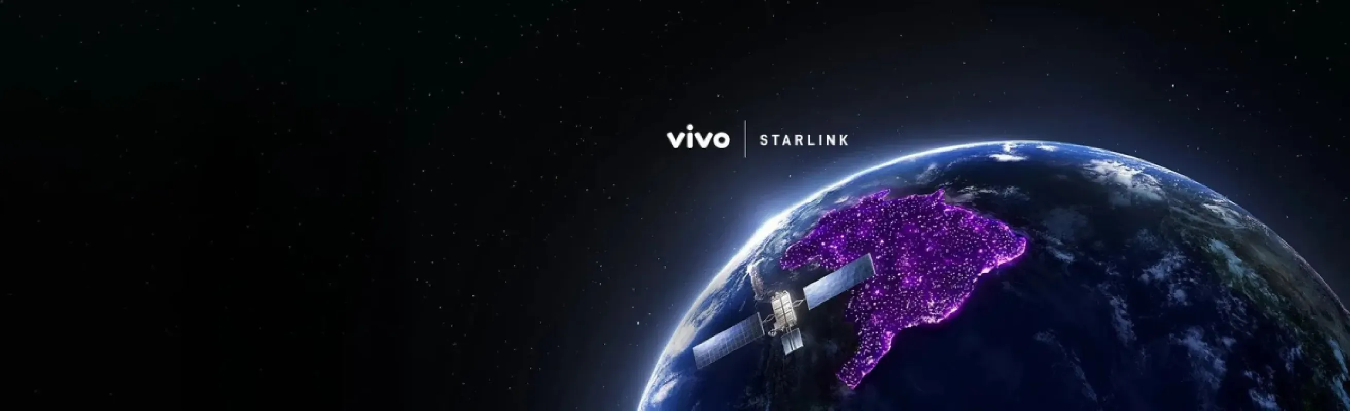Arte de divulgação do Vivo Satélite com logos da Vivo e da Starlink sobre o mapa do Brasil iluminado