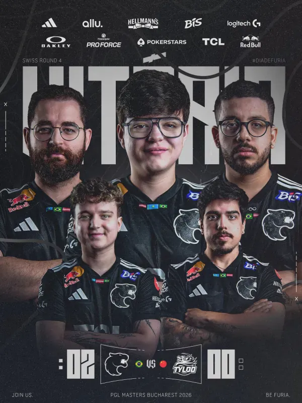 Arte oficial da FURIA com os cinco jogadores e o placar de 2 a 0 sobre a TYLOO na PGL Masters Bucharest
