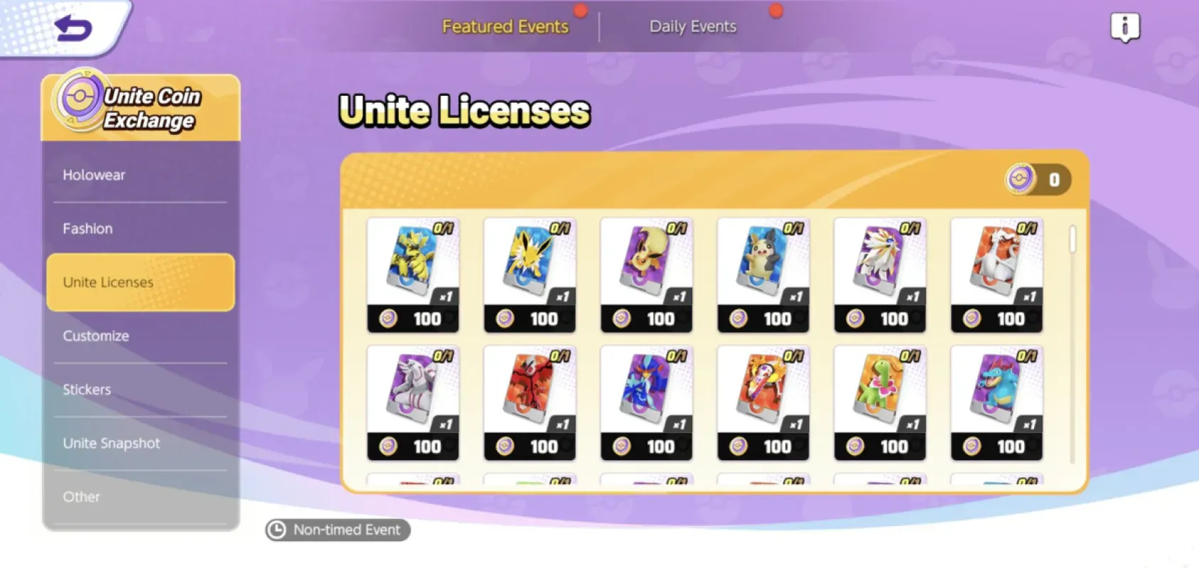 Tela da Unite Coin Exchange, loja de despedida de Pokémon UNITE com licenças de Pokémon